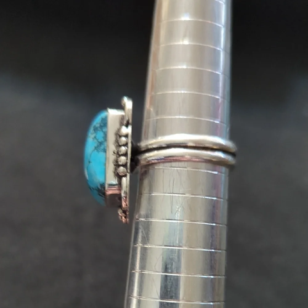 Silver Plated Blue Turquoise Gemstone Square Statement Ring - Size 8-10